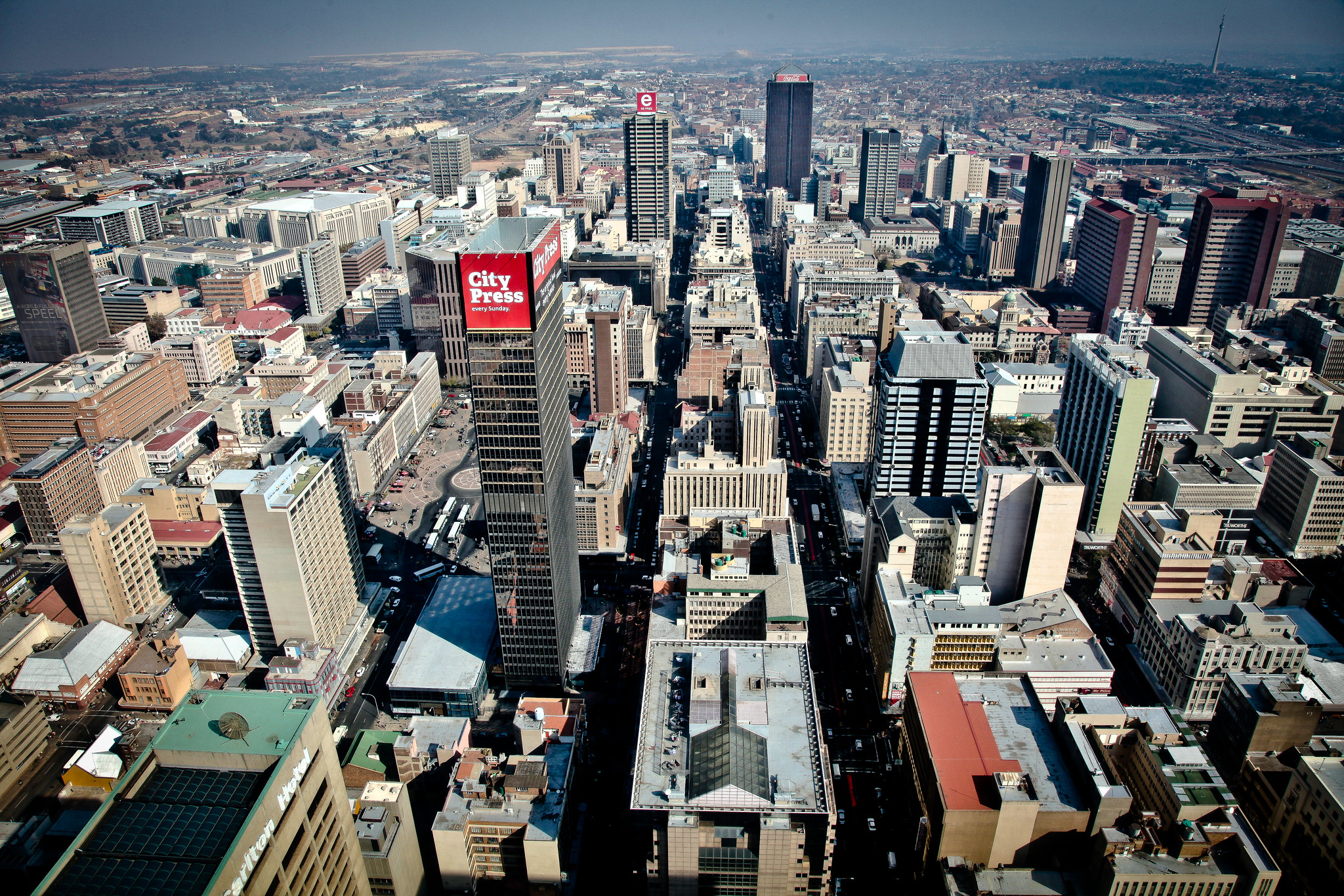 Modern day Johannesburg, South Africa. Seen from "Top Of Africa" tower - the highest building in Africa.